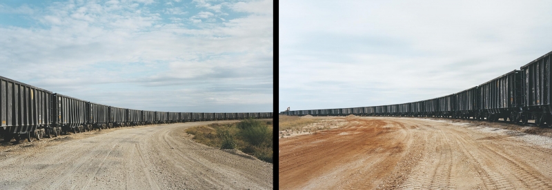 Victoria Sambunaris (American, b. 1964), Untitled (rail yard) and Untitled (rail car unloading), Near Cotulla, TX, 2012